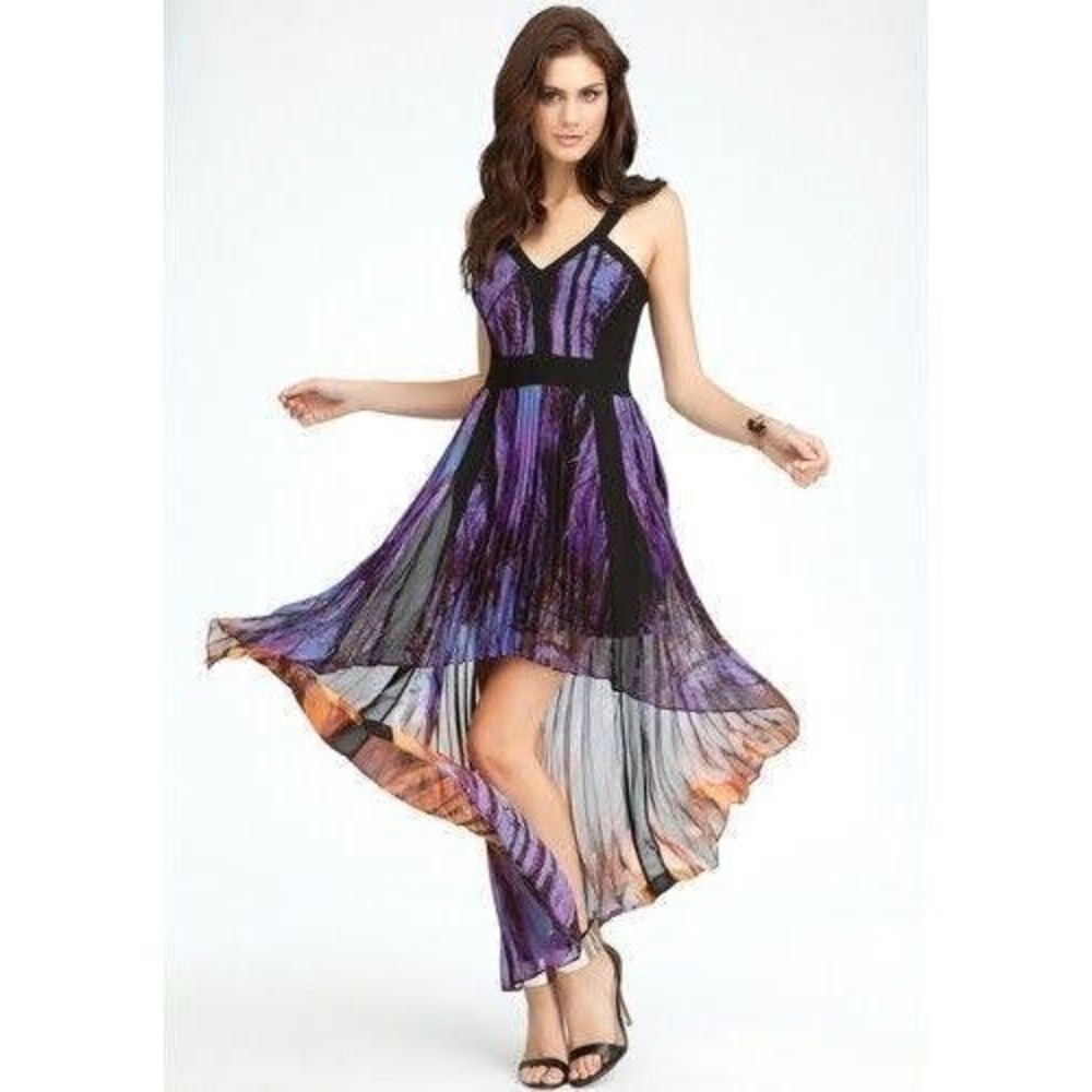 Bebe High-Low Dress Landscape Print Size 6 Purple Black